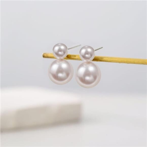 Gold-Plated Double Pearl Drop Earrings โ Timeless White Pearls, Lightweight - Picture 4 of 7